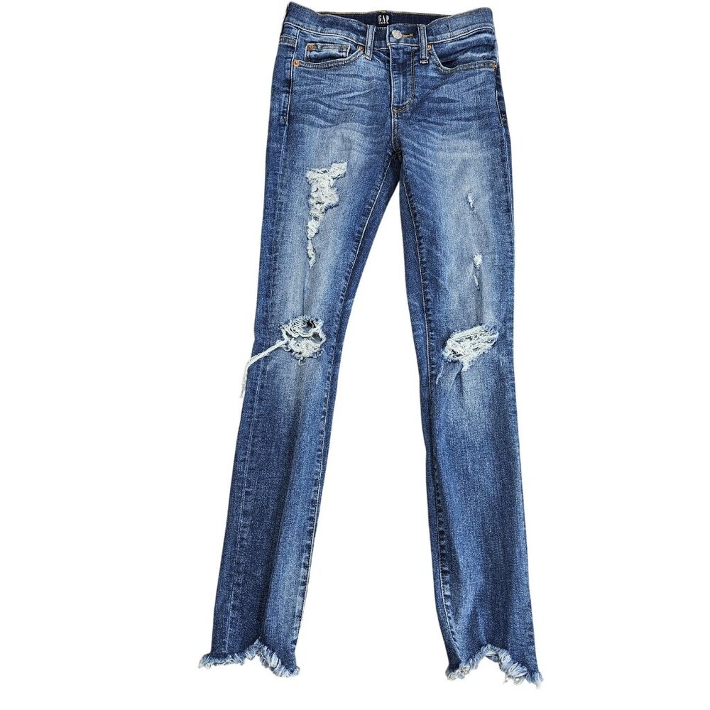 Gap 1969 True Skinny Jeans Womens 26R Blue Medium Wash Distressed Raw Hem